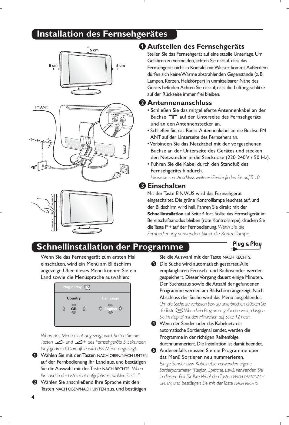 Schnellinstallation der programme, Installation des fernsehgerätes, Aufstellen des fernsehgeräts | É antennenanschluss, Einschalten | Philips Streamium Flat TV User Manual | Page 42 / 136