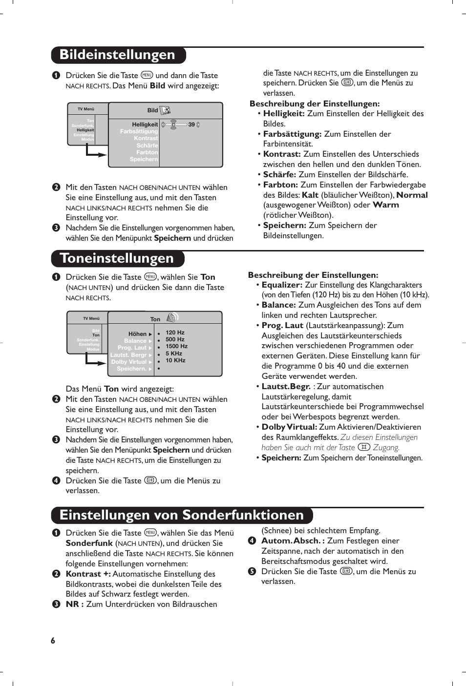 Bildeinstellungen toneinstellungen, Einstellungen von sonderfunktionen | Philips Streamium Flat TV User Manual | Page 44 / 136