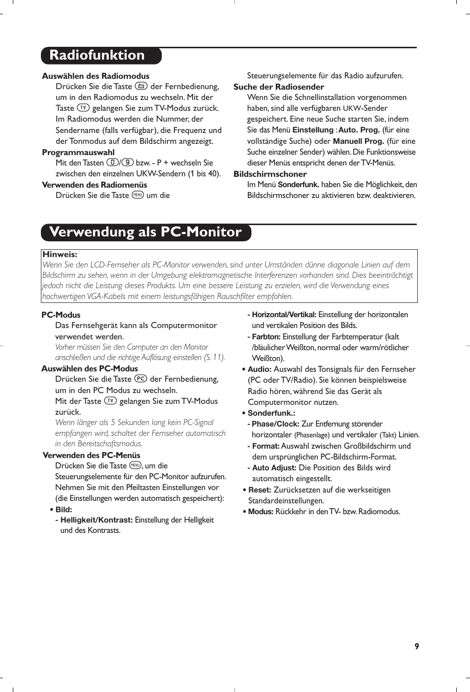 Radiofunktion verwendung als pc-monitor | Philips Streamium Flat TV User Manual | Page 47 / 136