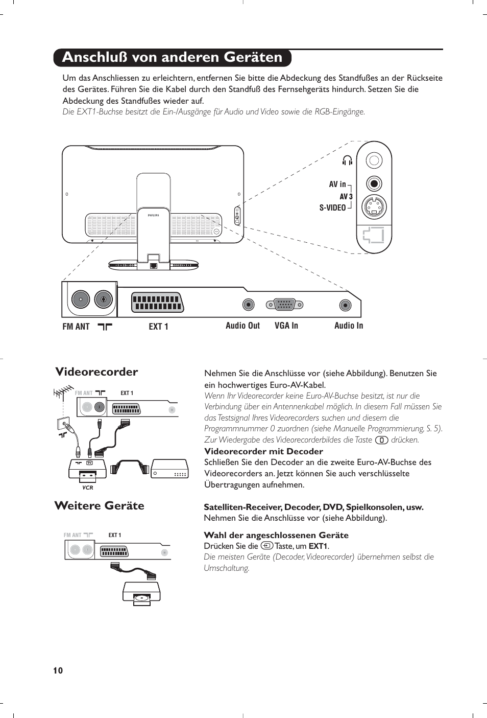 Anschluß von anderen geräten, Videorecorder, Weitere geräte | Philips Streamium Flat TV User Manual | Page 48 / 136