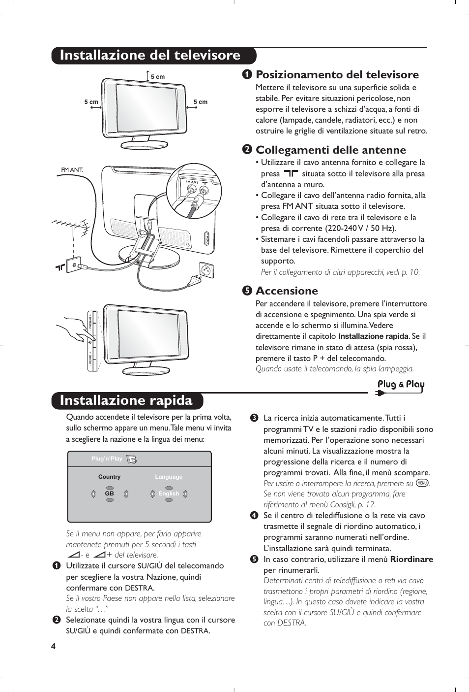 Installazione rapida, Installazione del televisore, Posizionamento del televisore | Collegamenti delle antenne, Accensione | Philips Streamium Flat TV User Manual | Page 54 / 136