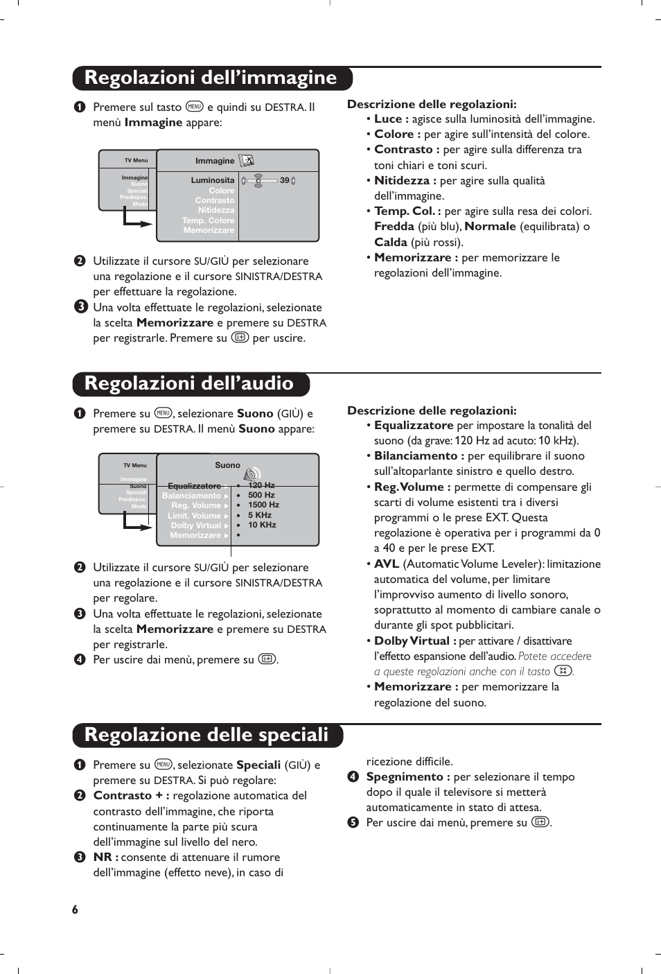 Regolazioni dell’immagine regolazioni dell’audio, Regolazione delle speciali | Philips Streamium Flat TV User Manual | Page 56 / 136