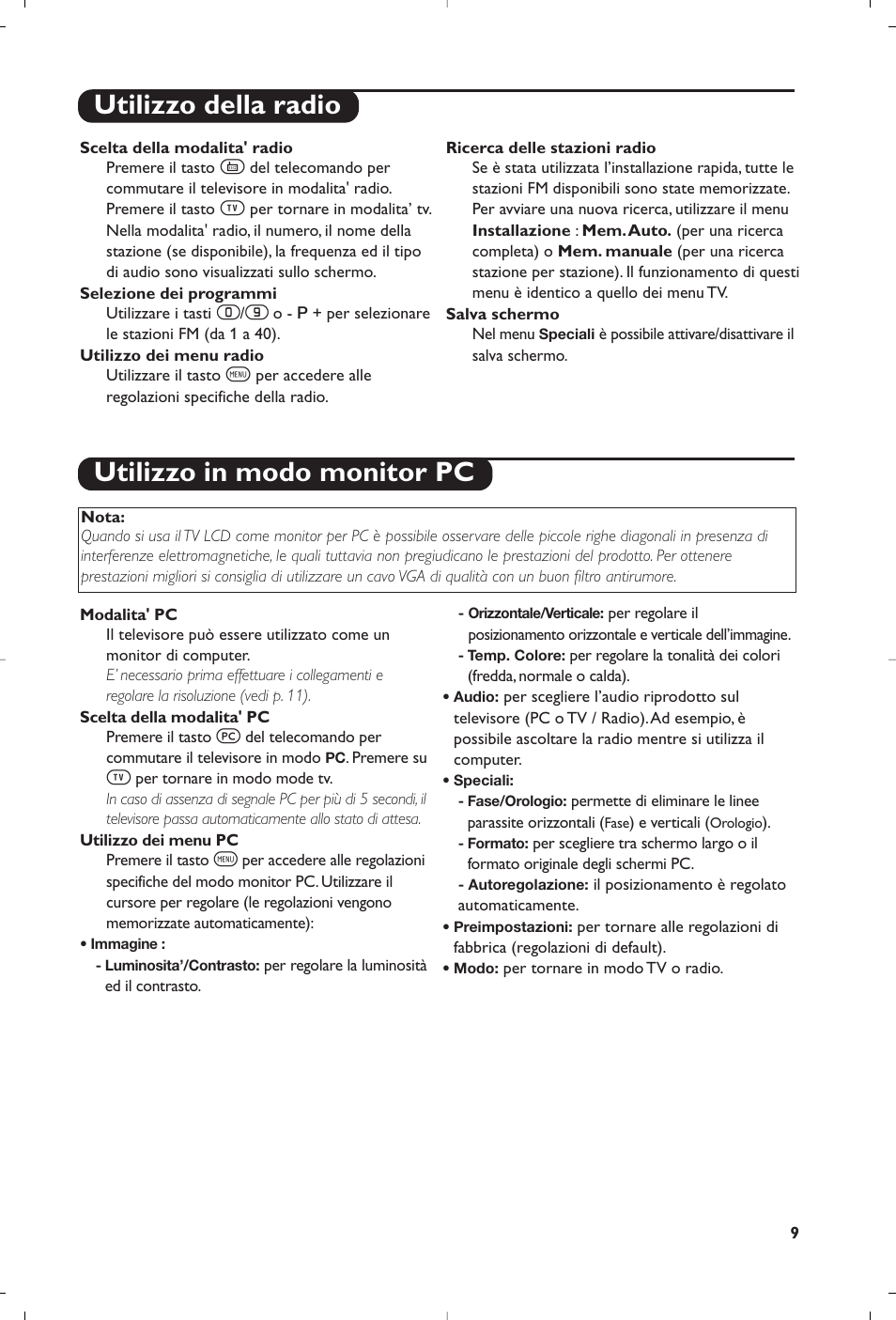 Utilizzo della radio utilizzo in modo monitor pc | Philips Streamium Flat TV User Manual | Page 59 / 136