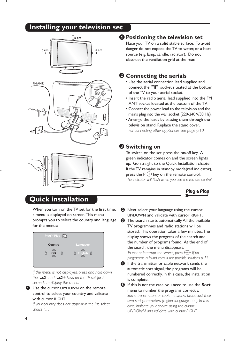 Quick installation, Installing your television set, Positioning the television set | Connecting the aerials, Switching on | Philips Streamium Flat TV User Manual | Page 6 / 136