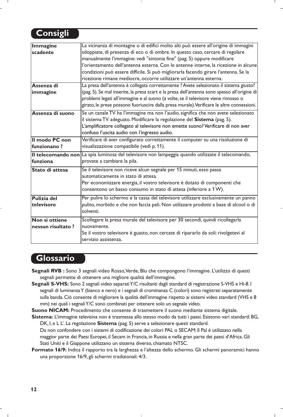 Glossario, Consigli | Philips Streamium Flat TV User Manual | Page 62 / 136