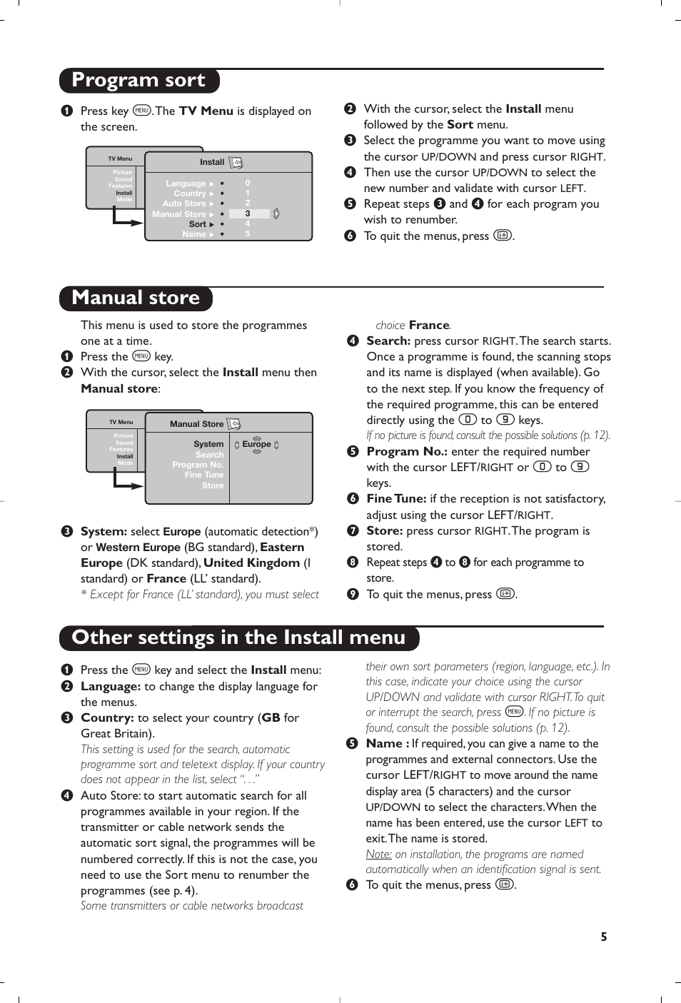 Manual store other settings in the install menu, Program sort | Philips Streamium Flat TV User Manual | Page 7 / 136