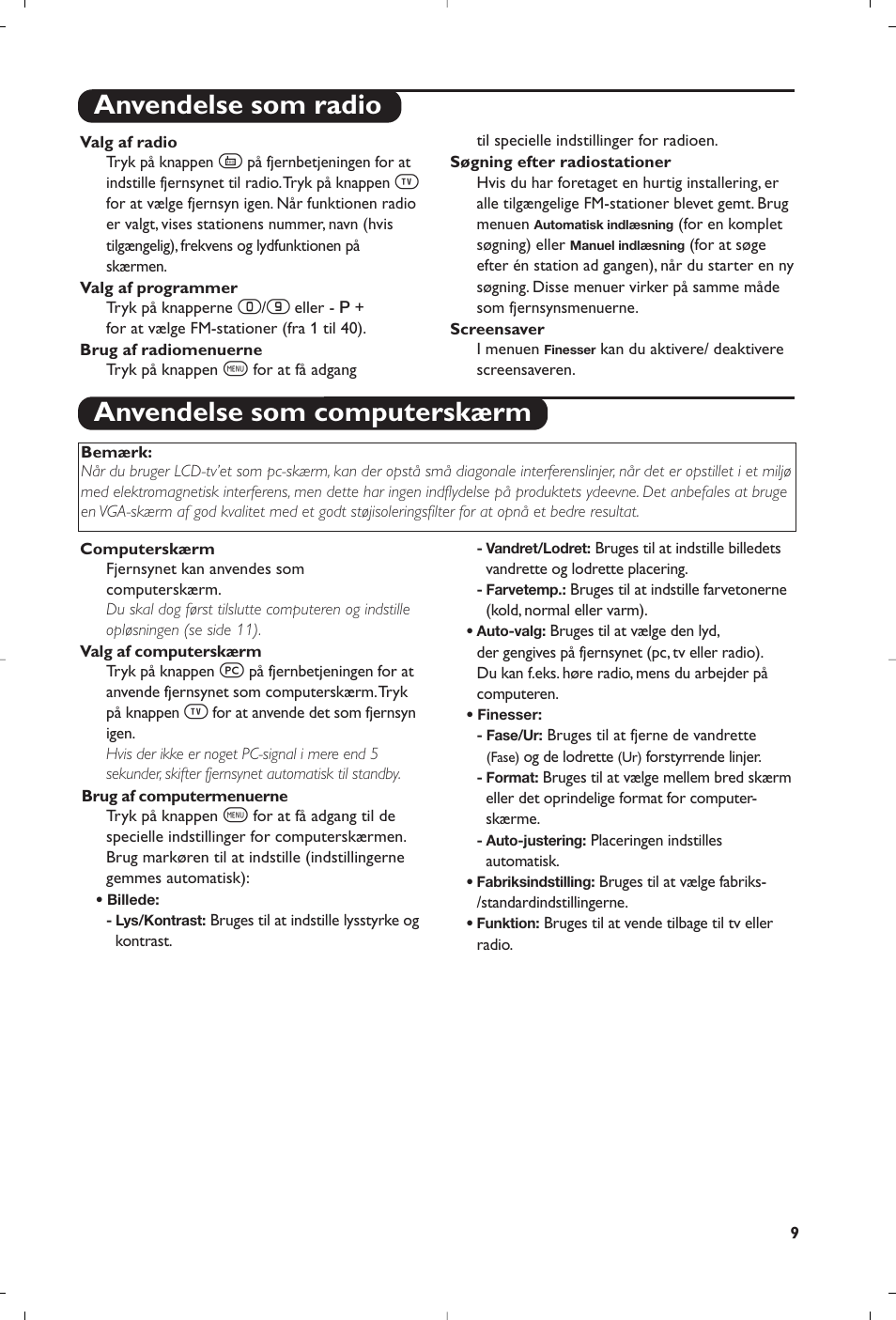 Anvendelse som radio anvendelse som computerskærm | Philips Streamium Flat TV User Manual | Page 71 / 136