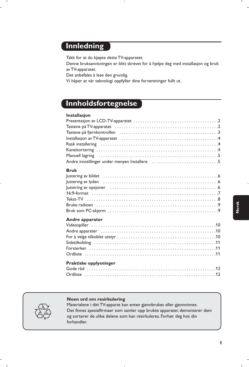 Innledning innholdsfortegnelse | Philips Streamium Flat TV User Manual | Page 75 / 136