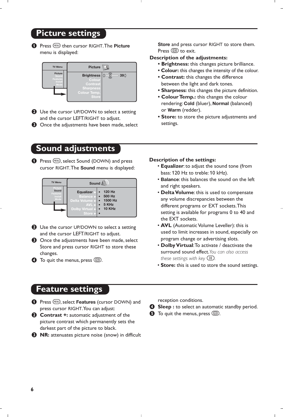 Picture settings sound adjustments, Feature settings | Philips Streamium Flat TV User Manual | Page 8 / 136