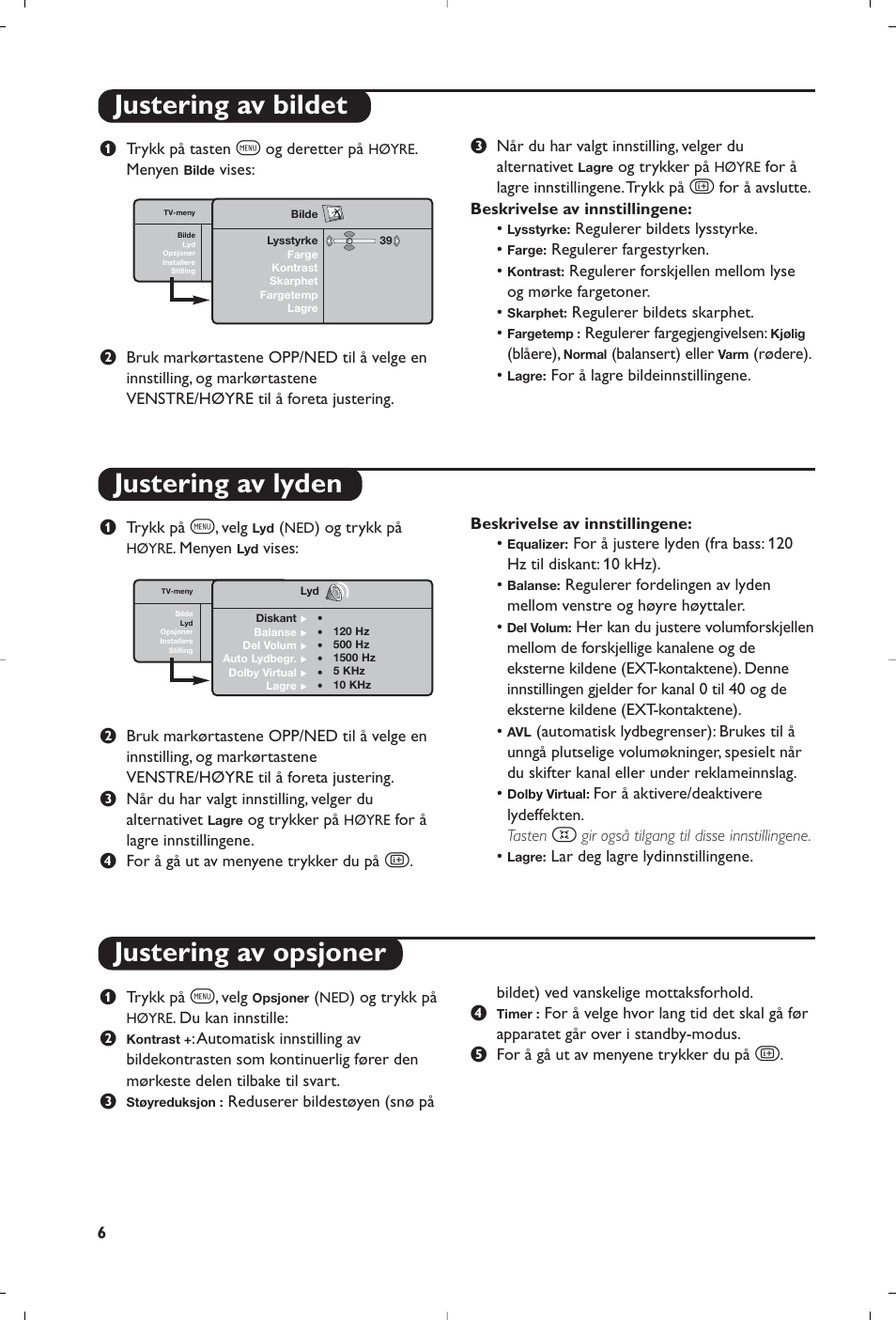 Justering av bildet justering av lyden, Justering av opsjoner | Philips Streamium Flat TV User Manual | Page 80 / 136