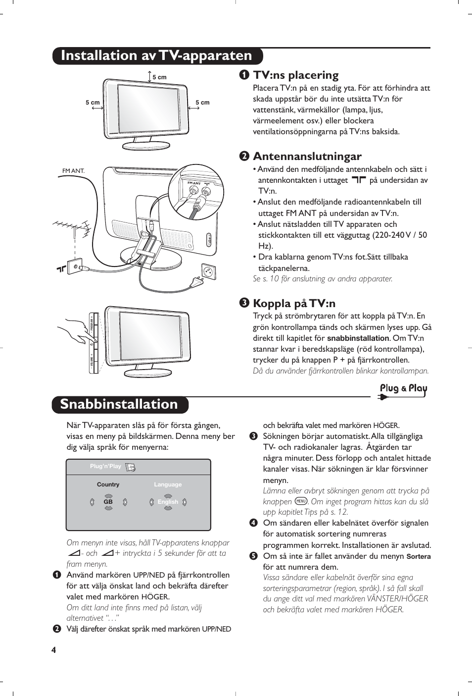 Snabbinstallation, Installation av tv-apparaten, Tv:ns placering | Antennanslutningar, Koppla på tv:n | Philips Streamium Flat TV User Manual | Page 90 / 136