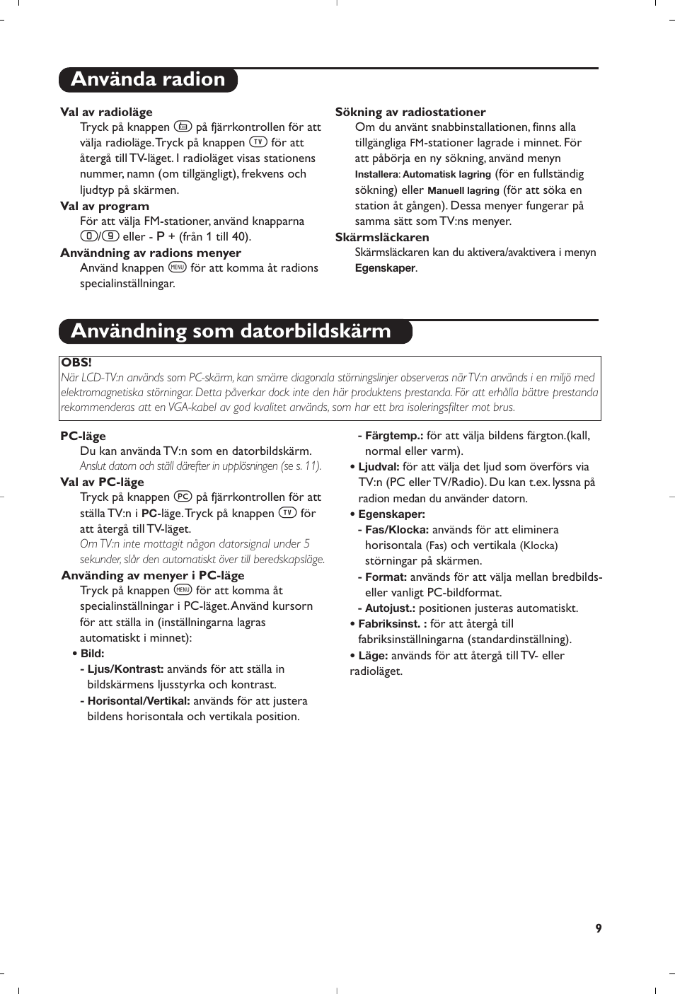 Använda radion användning som datorbildskärm | Philips Streamium Flat TV User Manual | Page 95 / 136