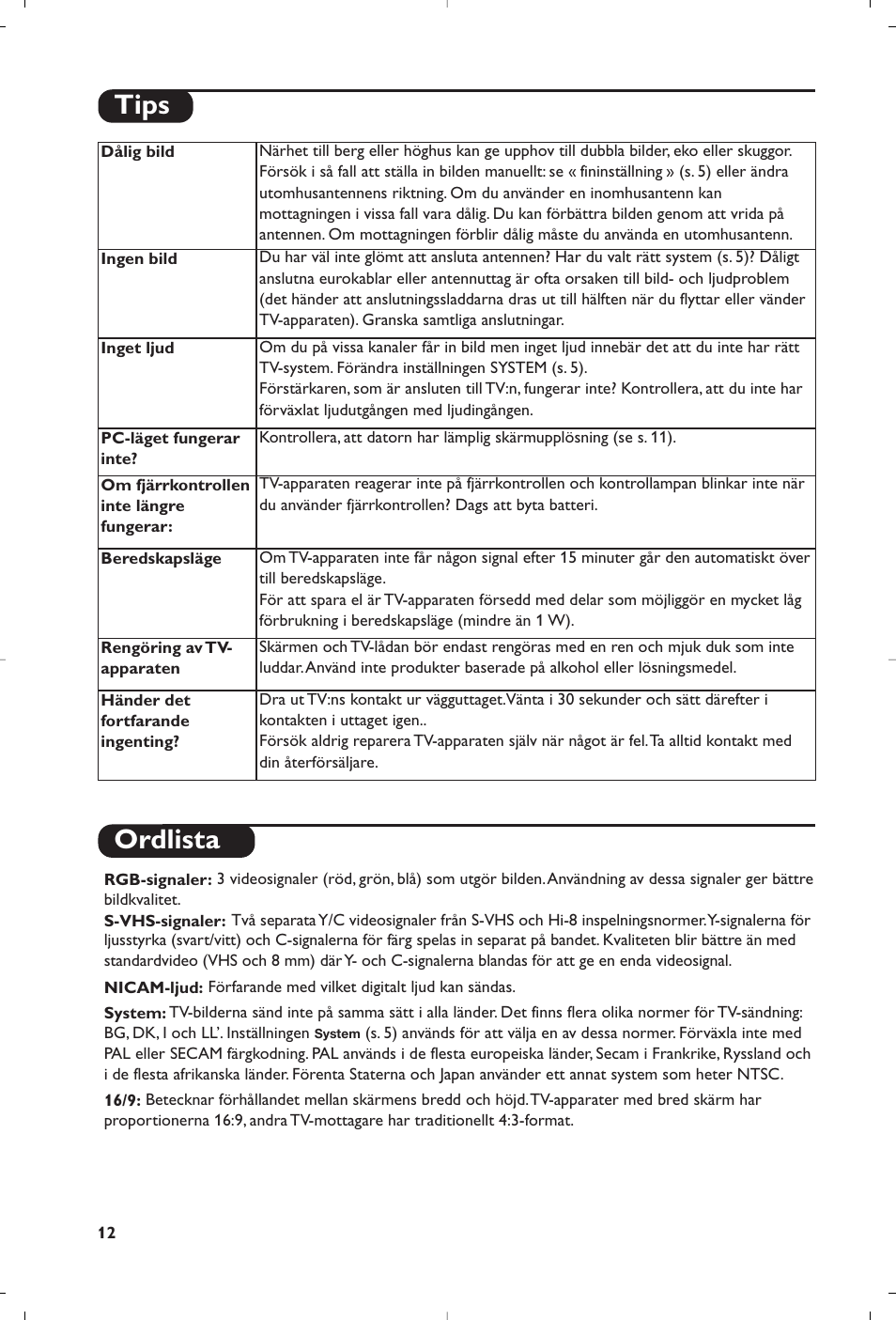 Ordlista, Tips | Philips Streamium Flat TV User Manual | Page 98 / 136