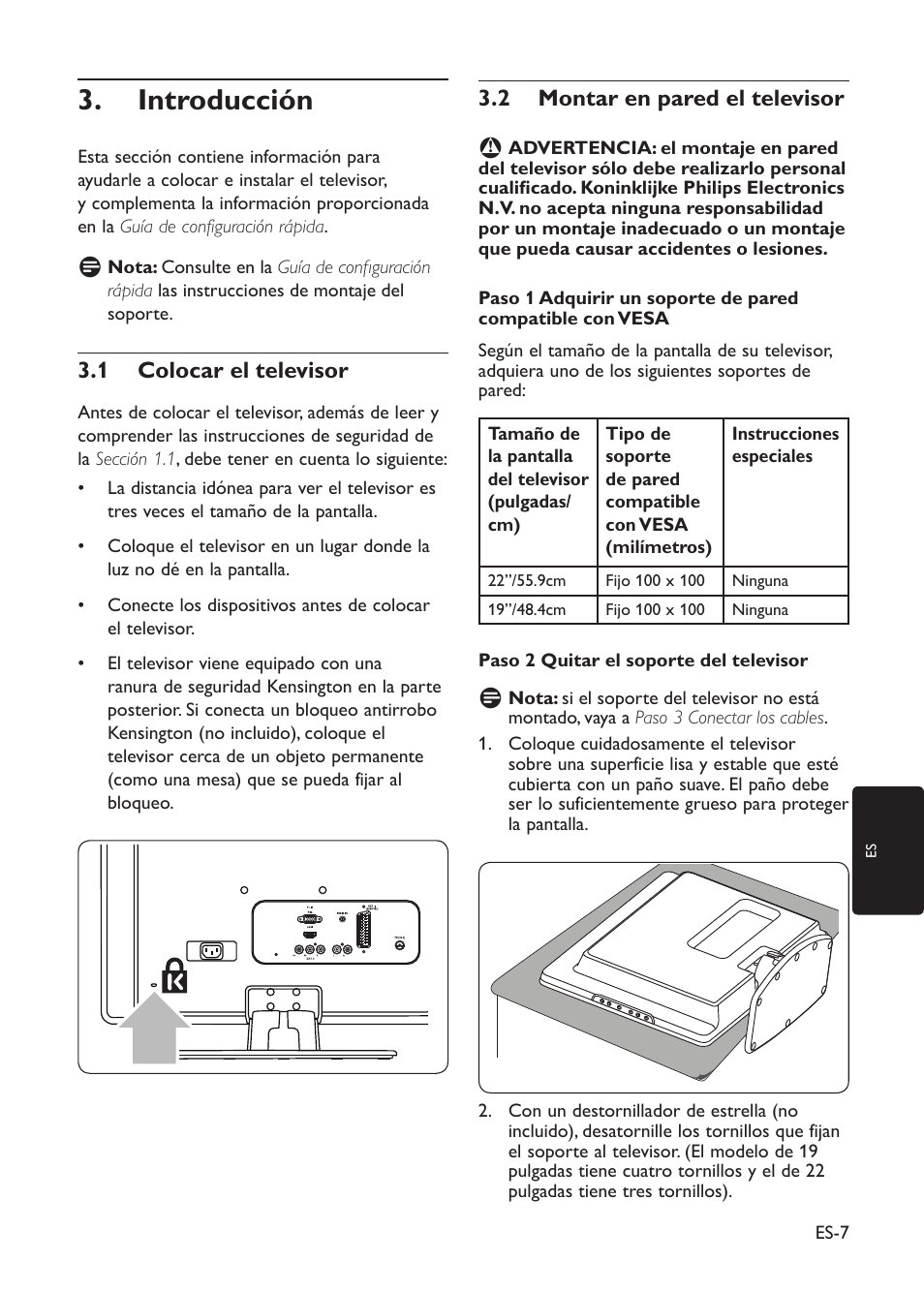 Introducción, 1 colocar el televisor, 2 montar en pared el televisor | Philips TV LCD User Manual | Page 10 / 32