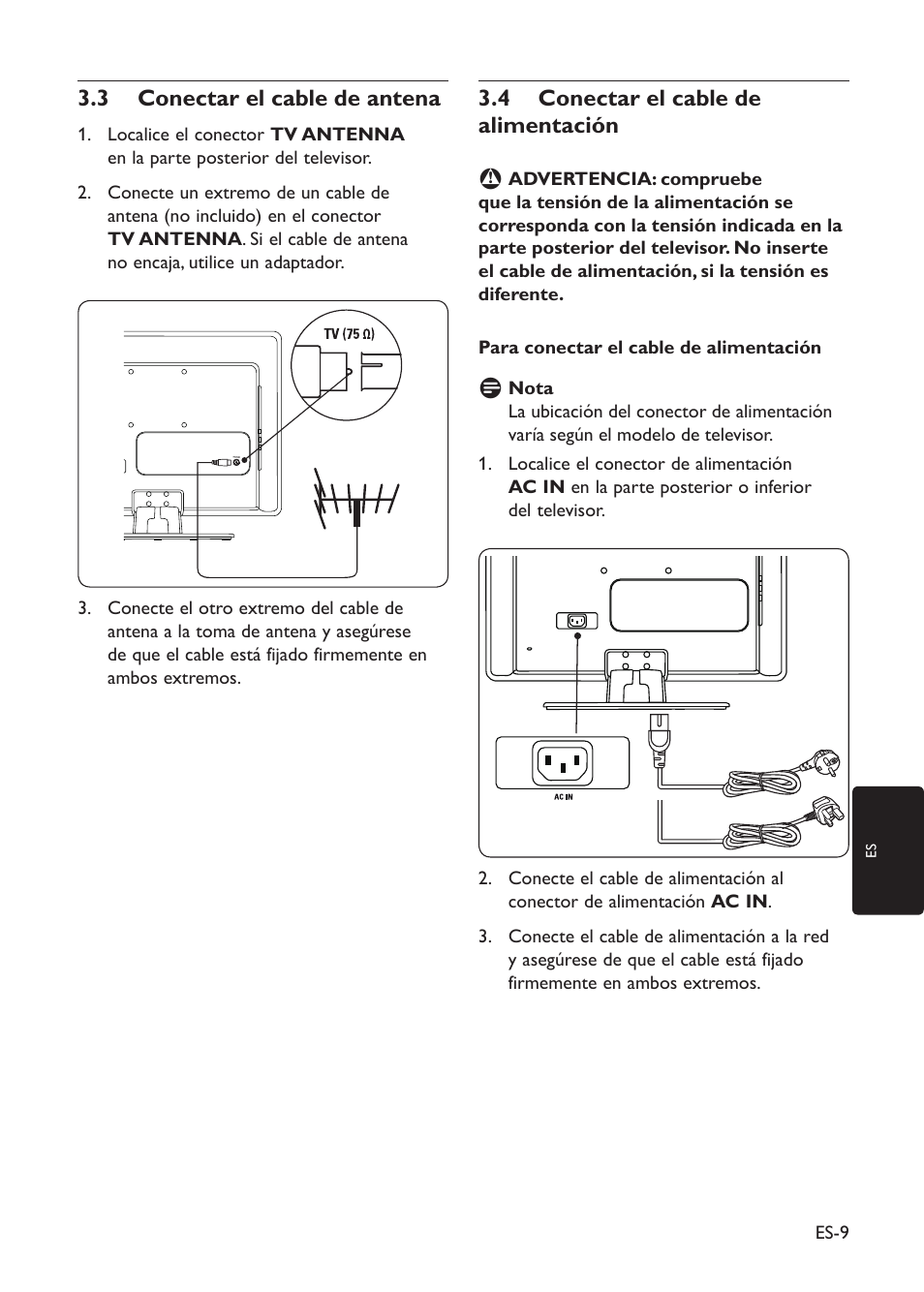 3 conectar el cable de antena, 4 conectar el cable de alimentación | Philips TV LCD User Manual | Page 12 / 32