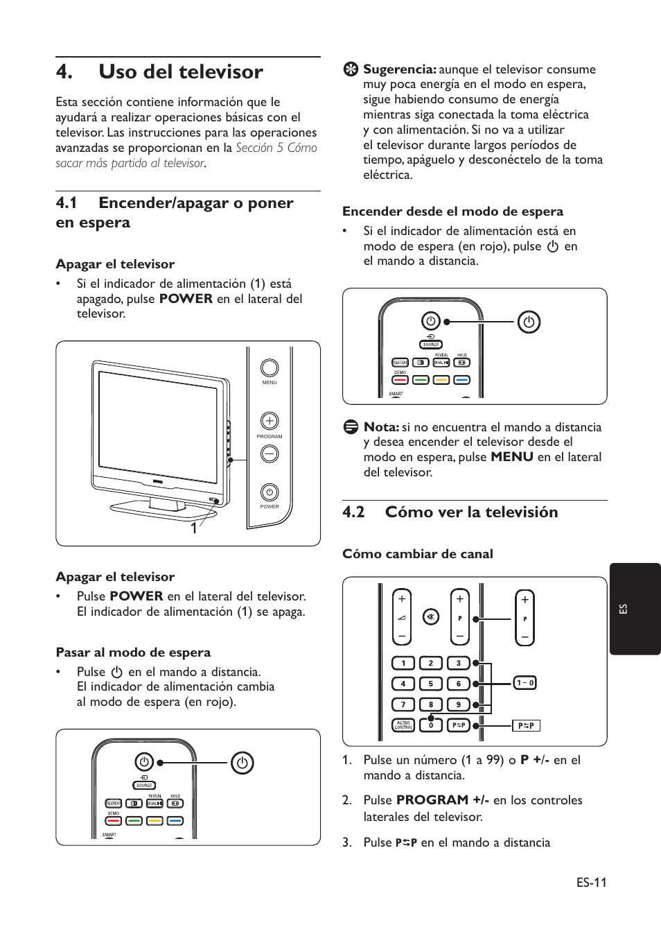 Uso del televisor 4, Encender/apagar o poner 4.1 en espera, 2 cómo ver la televisión | Philips TV LCD User Manual | Page 14 / 32