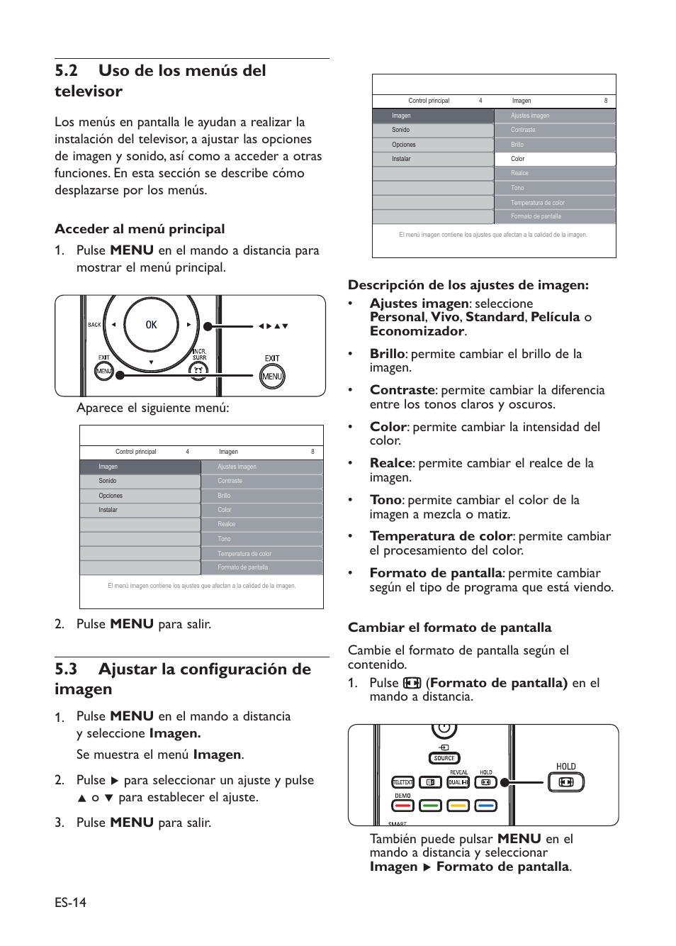 Uso de los menús del 5.2 televisor, Ajustar la configuración de 5.3 imagen | Philips TV LCD User Manual | Page 17 / 32