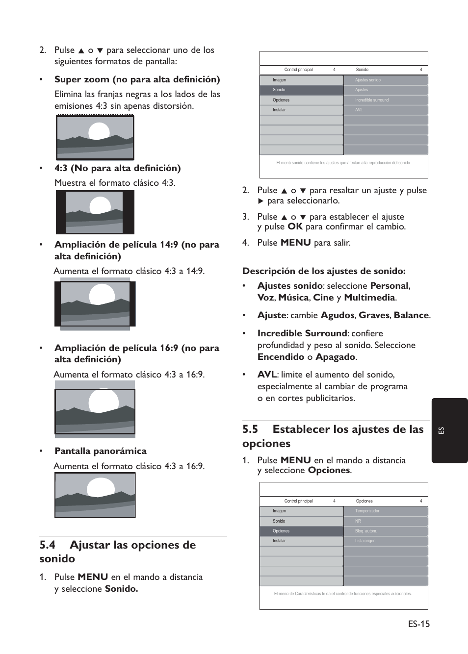 4 ajustar las opciones de sonido, 5 establecer los ajustes de las opciones | Philips TV LCD User Manual | Page 18 / 32