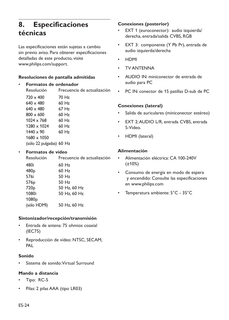 Especificaciones 8. técnicas | Philips TV LCD User Manual | Page 27 / 32