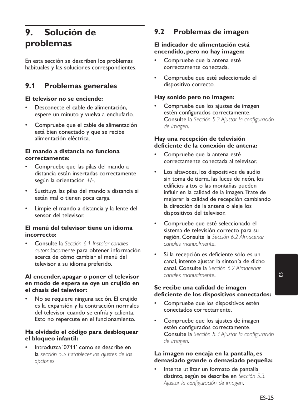 Solución de 9. problemas, Problemas generales 9.1, Problemas de imagen 9.2 | Philips TV LCD User Manual | Page 28 / 32