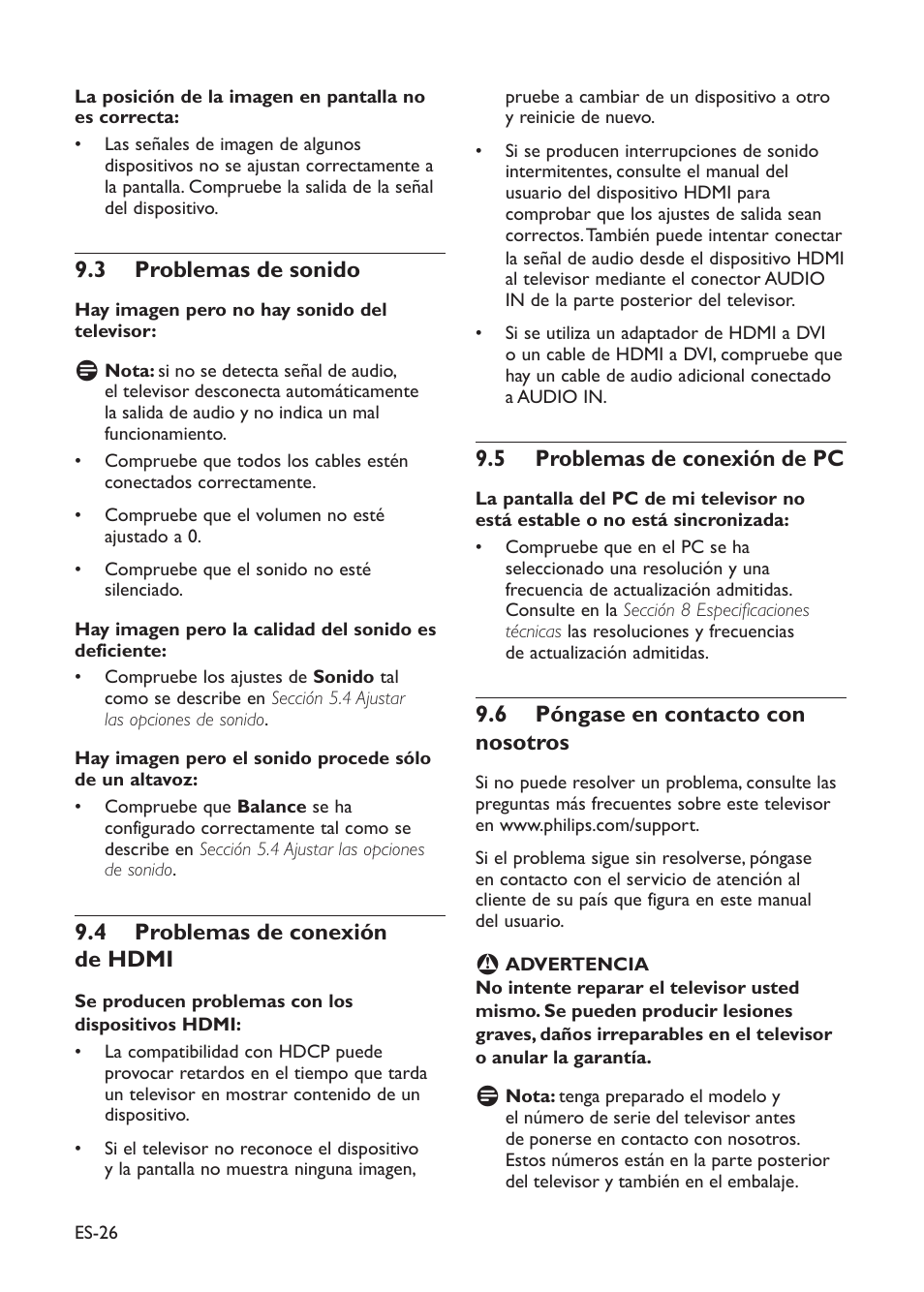 Problemas de sonido 9.3, Problemas de conexión 9.4 de hdmi, Problemas de conexión de pc 9.5 | Póngase en contacto con 9.6 nosotros | Philips TV LCD User Manual | Page 29 / 32