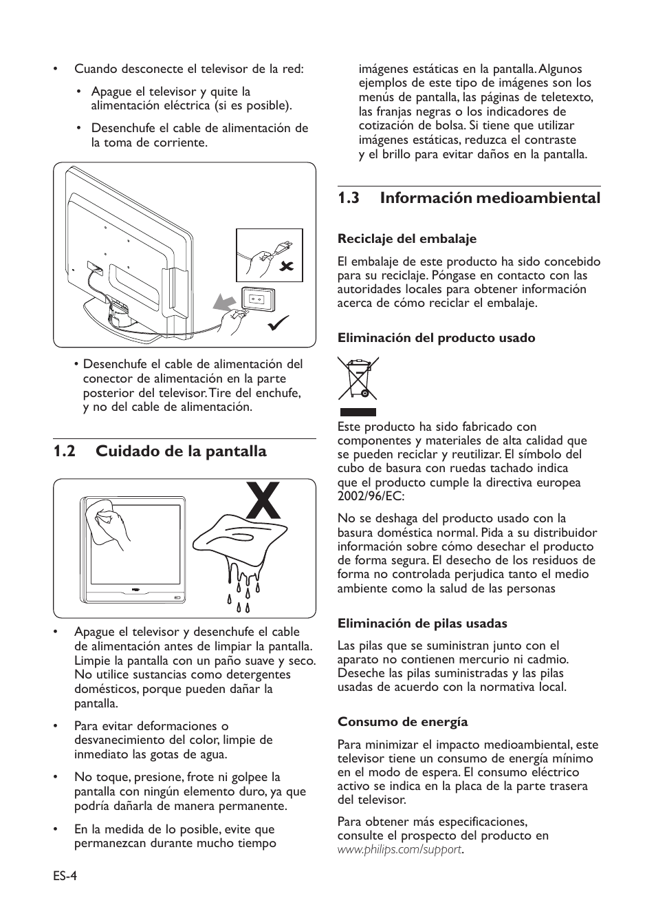 2 cuidado de la pantalla, 3 información medioambiental | Philips TV LCD User Manual | Page 7 / 32