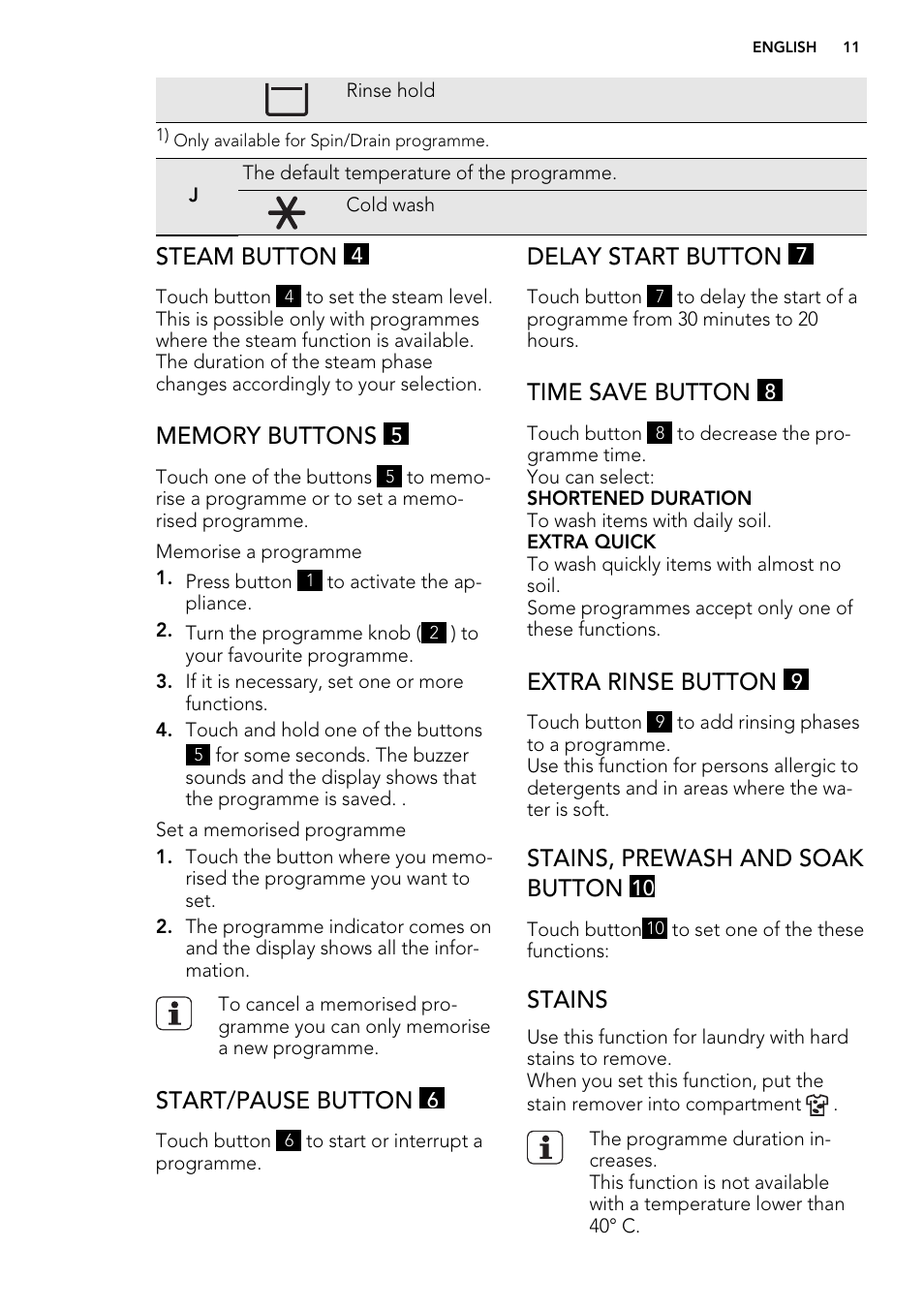 Steam button, Start/pause button, Delay start button | Time save button, Extra rinse button, Stains, prewash and soak button, Stains | AEG L 98699 FL User Manual | Page 11 / 40