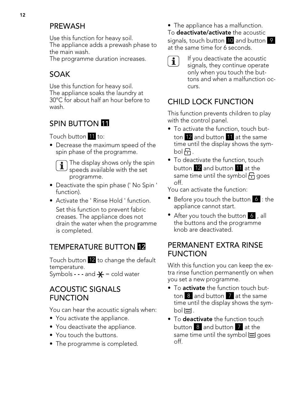 Prewash, Soak, Spin button | Temperature button, Acoustic signals function, Child lock function, Permanent extra rinse function | AEG L 98699 FL User Manual | Page 12 / 40