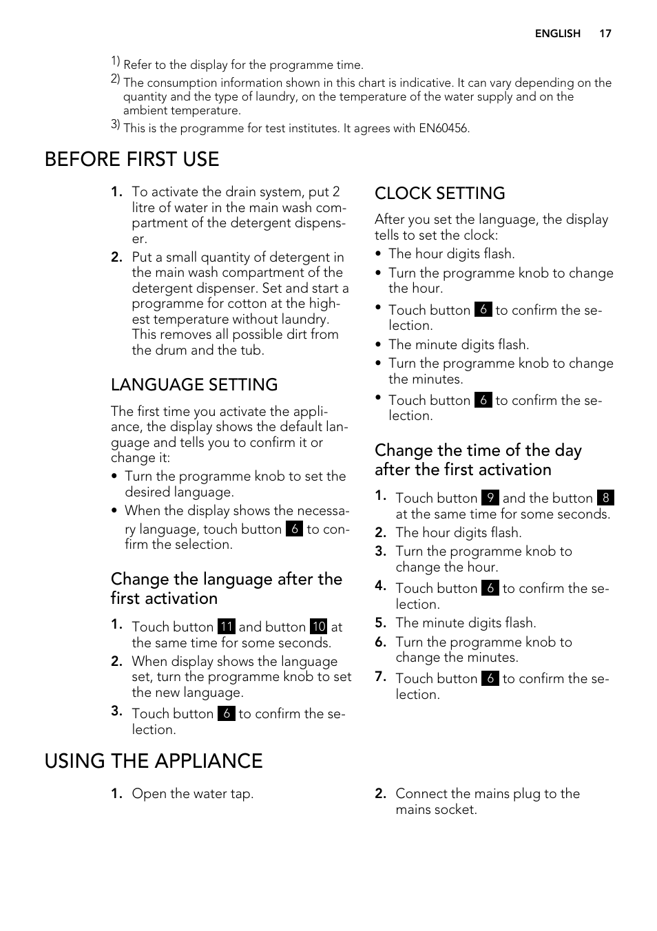 Before first use, Using the appliance, Language setting | Change the language after the first activation, Clock setting | AEG L 98699 FL User Manual | Page 17 / 40