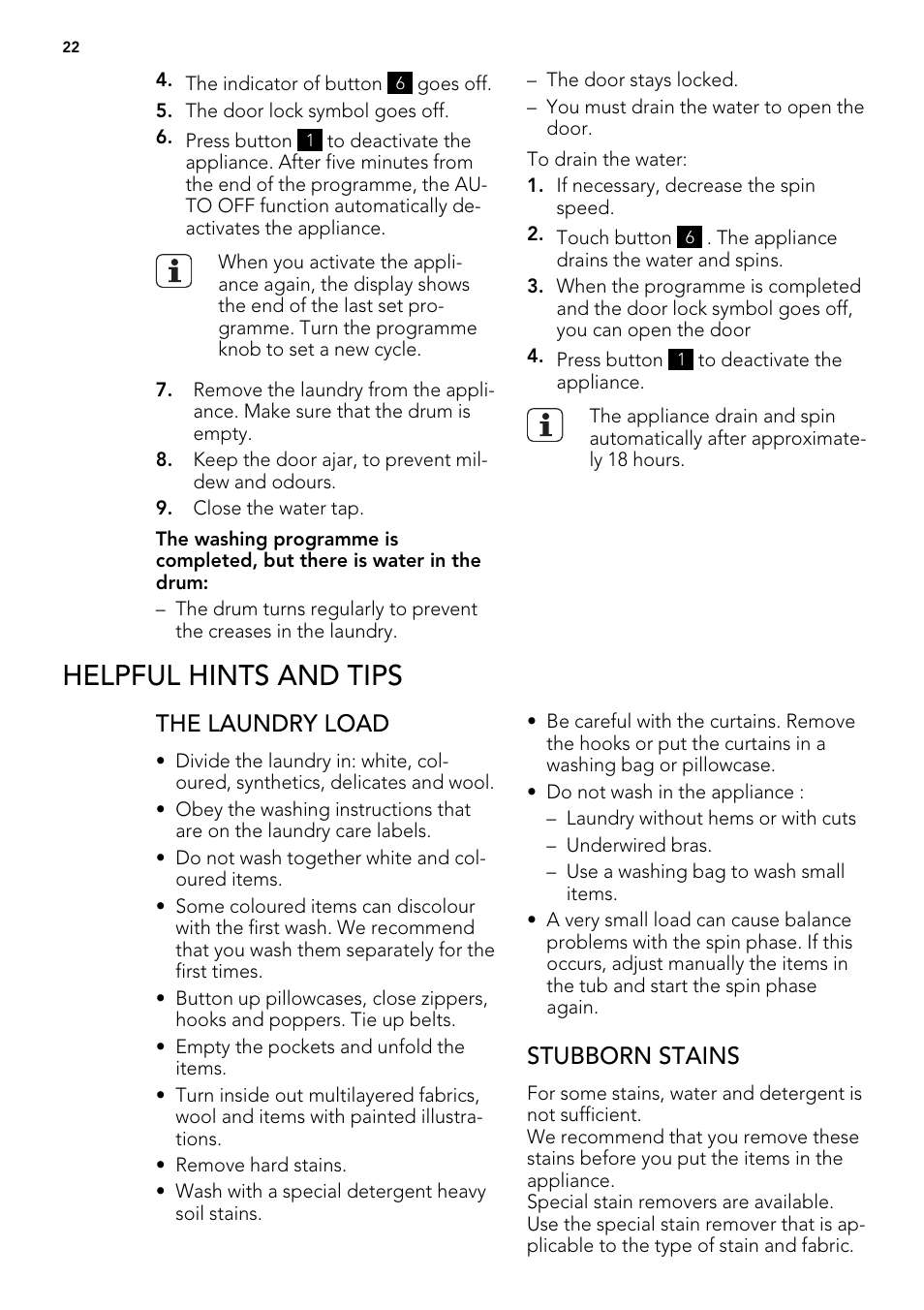 Helpful hints and tips, The laundry load, Stubborn stains | AEG L 98699 FL User Manual | Page 22 / 40