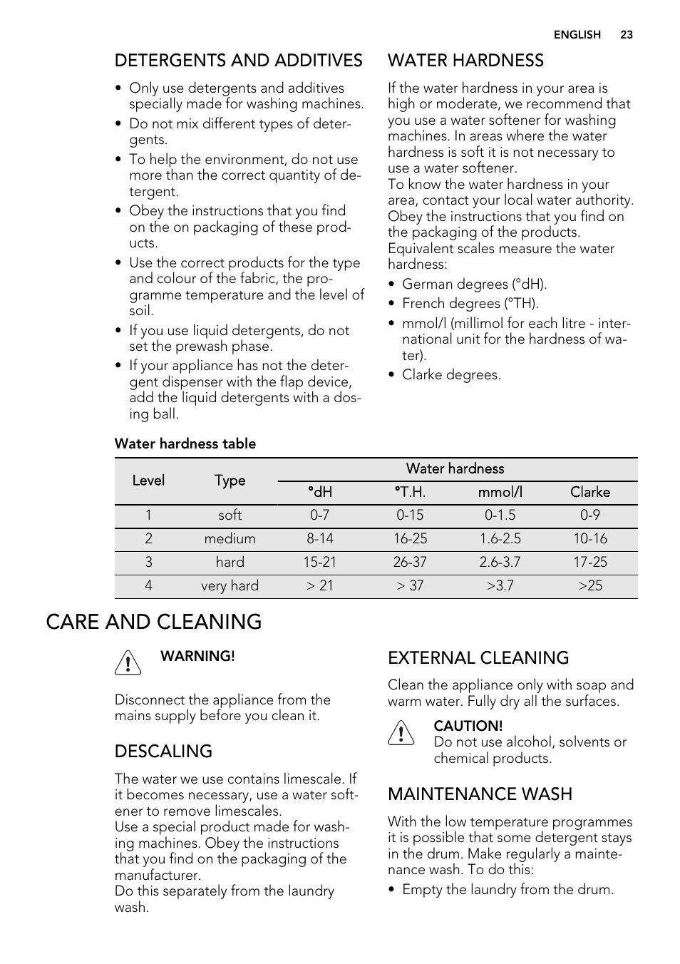 Care and cleaning, Detergents and additives, Water hardness | Descaling, External cleaning, Maintenance wash | AEG L 98699 FL User Manual | Page 23 / 40