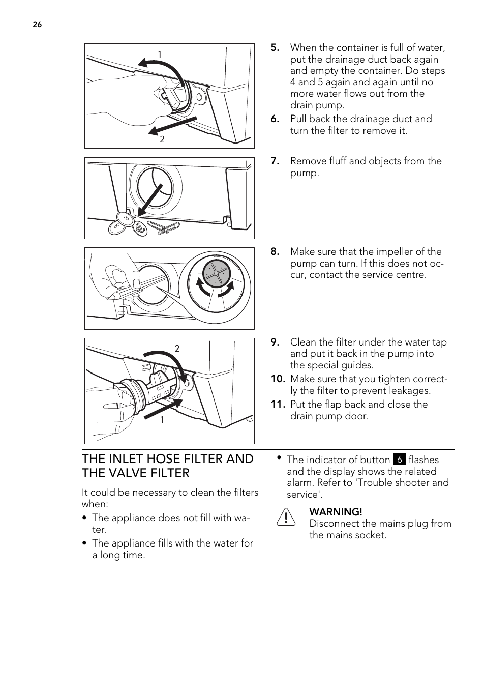 The inlet hose filter and the valve filter | AEG L 98699 FL User Manual | Page 26 / 40