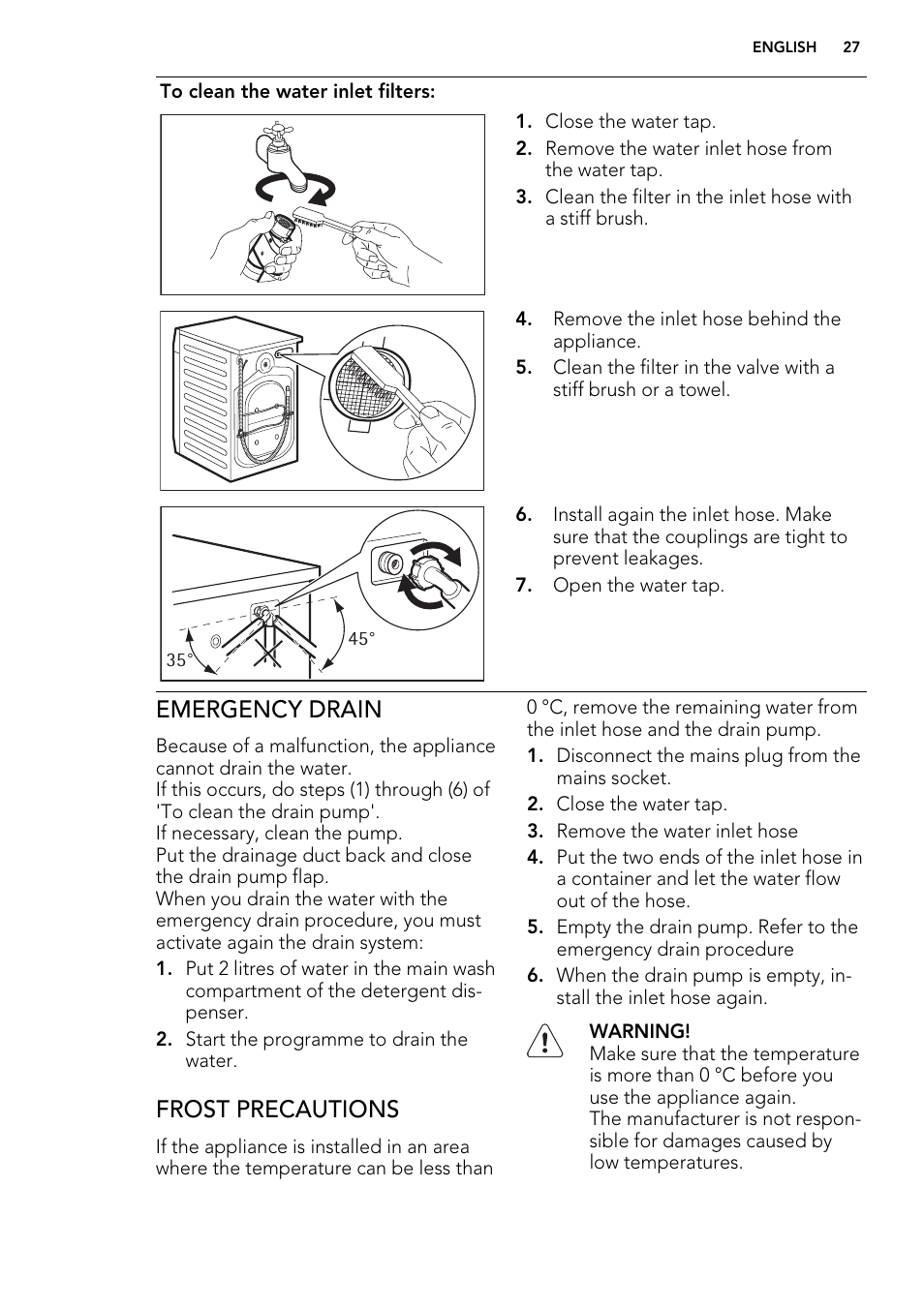 Emergency drain, Frost precautions | AEG L 98699 FL User Manual | Page 27 / 40