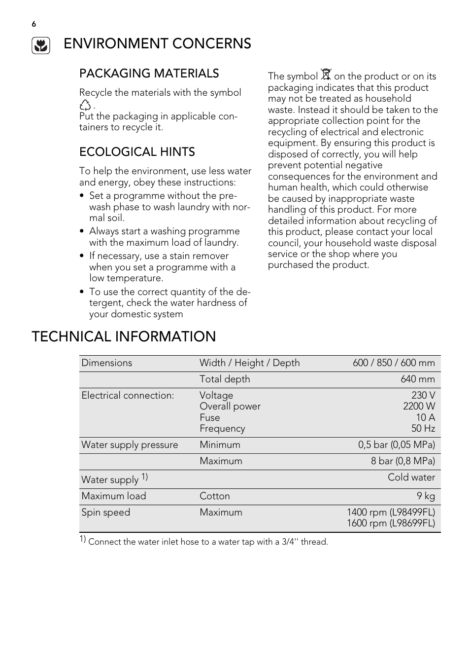 Environment concerns, Technical information, Packaging materials | Ecological hints | AEG L 98699 FL User Manual | Page 6 / 40