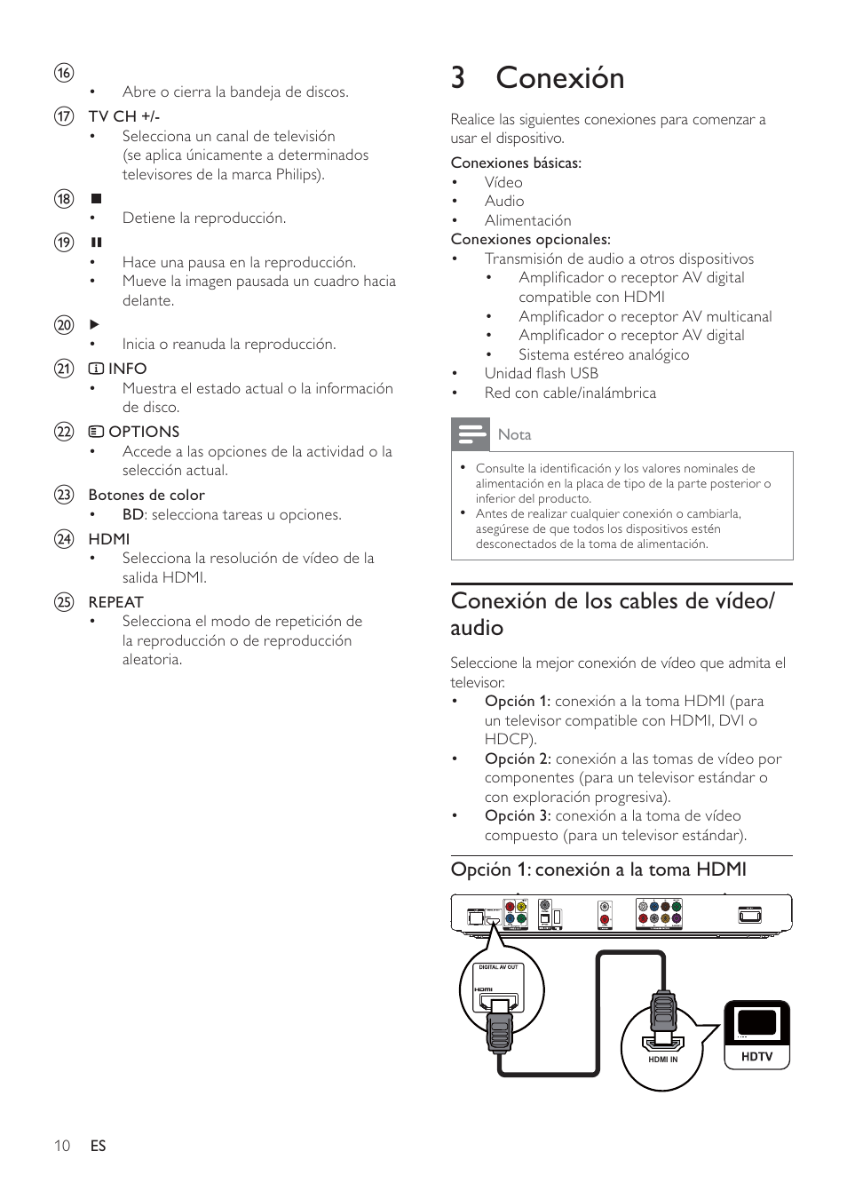 3 conexión, Conexión de los cables de vídeo/ audio | Philips 7000 series Reproductor de Blu-ray Disc User Manual | Page 10 / 57