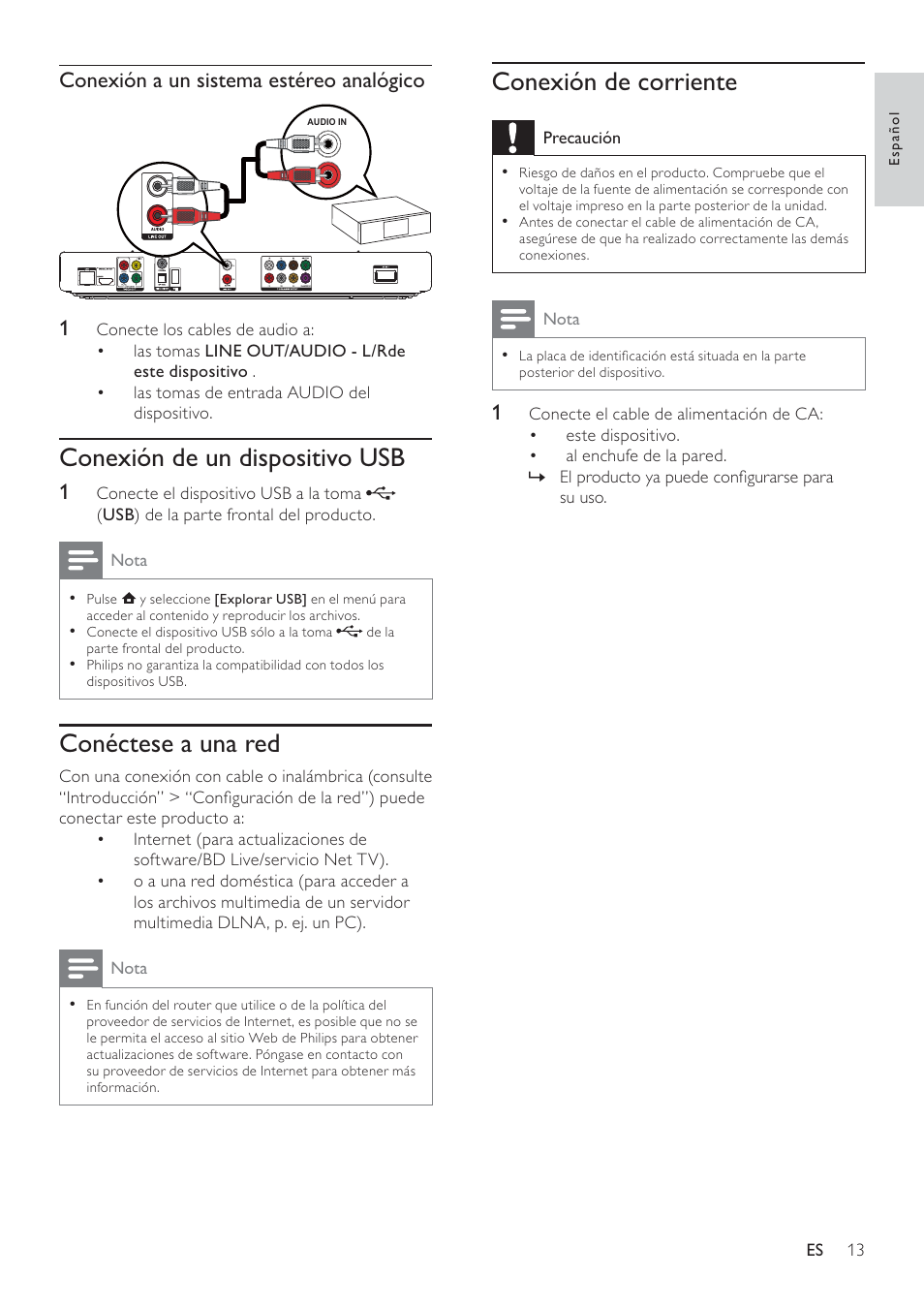 Conexión de corriente, Conexión de un dispositivo usb, Conéctese a una red | Philips 7000 series Reproductor de Blu-ray Disc User Manual | Page 13 / 57