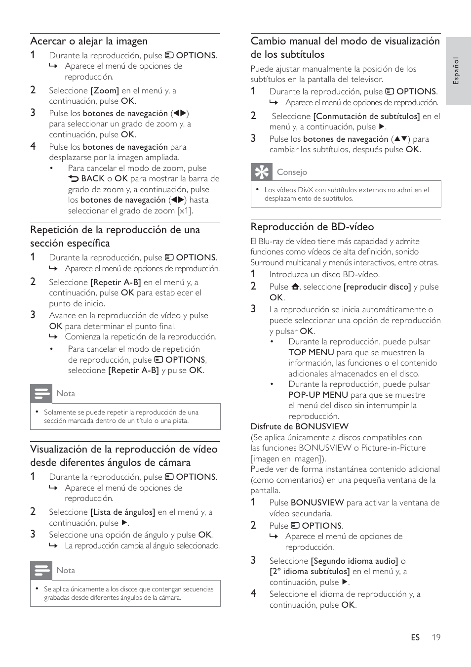 Reproducción de bd-vídeo, Acercar o alejar la imagen 1 | Philips 7000 series Reproductor de Blu-ray Disc User Manual | Page 19 / 57