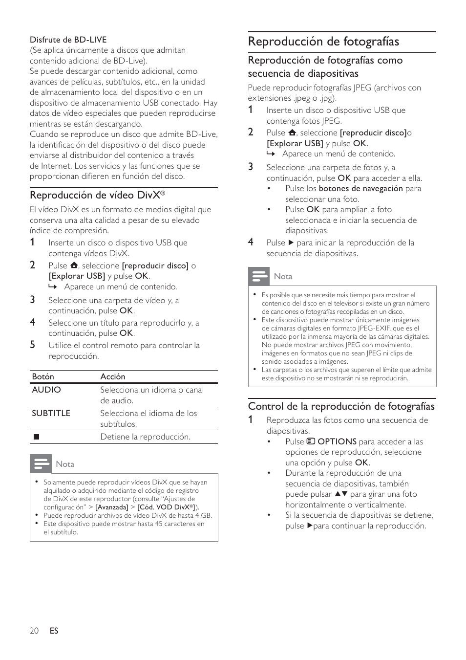 Reproducción de fotografías, Control de la reproducción de fotografías 1, Reproducción de vídeo divx | Philips 7000 series Reproductor de Blu-ray Disc User Manual | Page 20 / 57