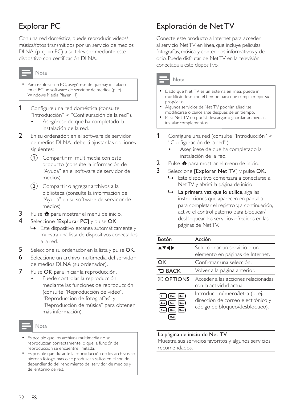 Exploración de net tv, Explorar pc | Philips 7000 series Reproductor de Blu-ray Disc User Manual | Page 22 / 57