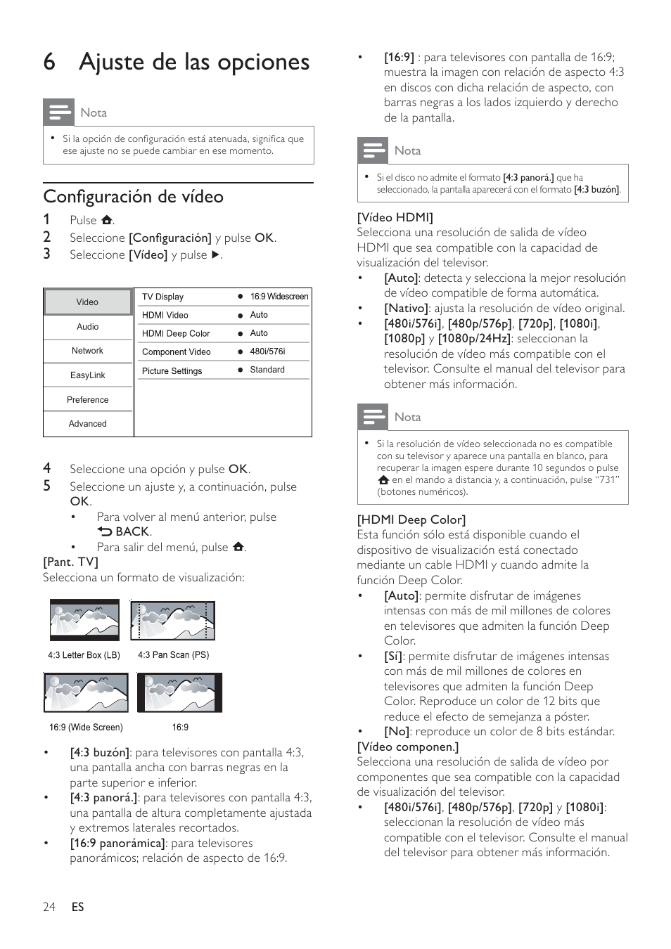 6 ajuste de las opciones | Philips 7000 series Reproductor de Blu-ray Disc User Manual | Page 24 / 57