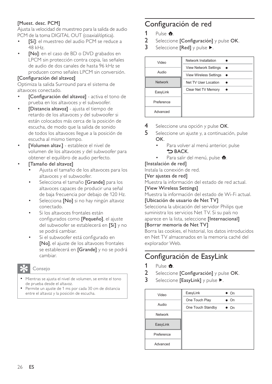 Conﬁguración de red, Conﬁguración de easylink | Philips 7000 series Reproductor de Blu-ray Disc User Manual | Page 26 / 57