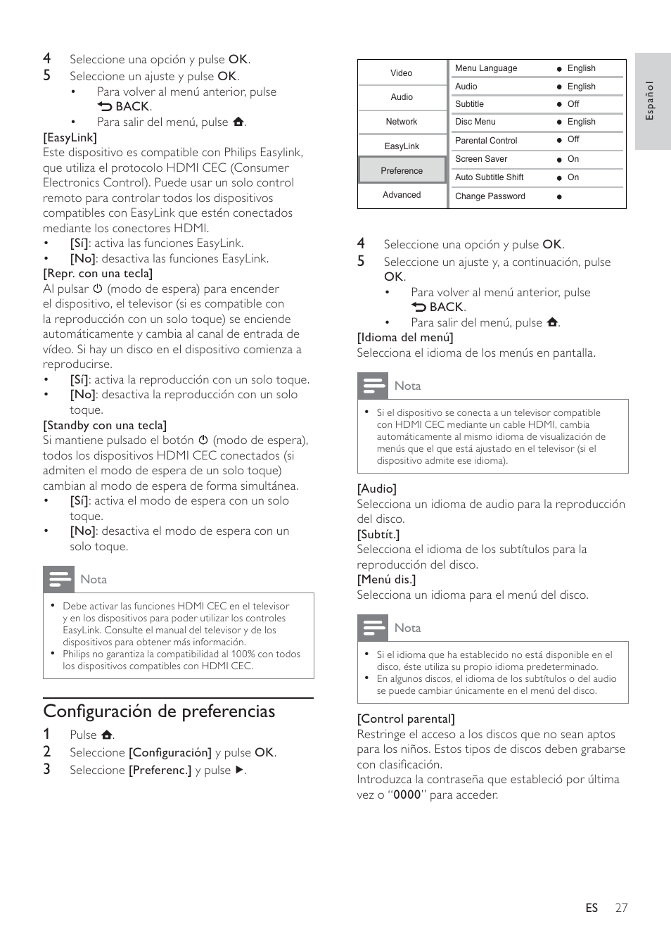 Conﬁguración de preferencias | Philips 7000 series Reproductor de Blu-ray Disc User Manual | Page 27 / 57