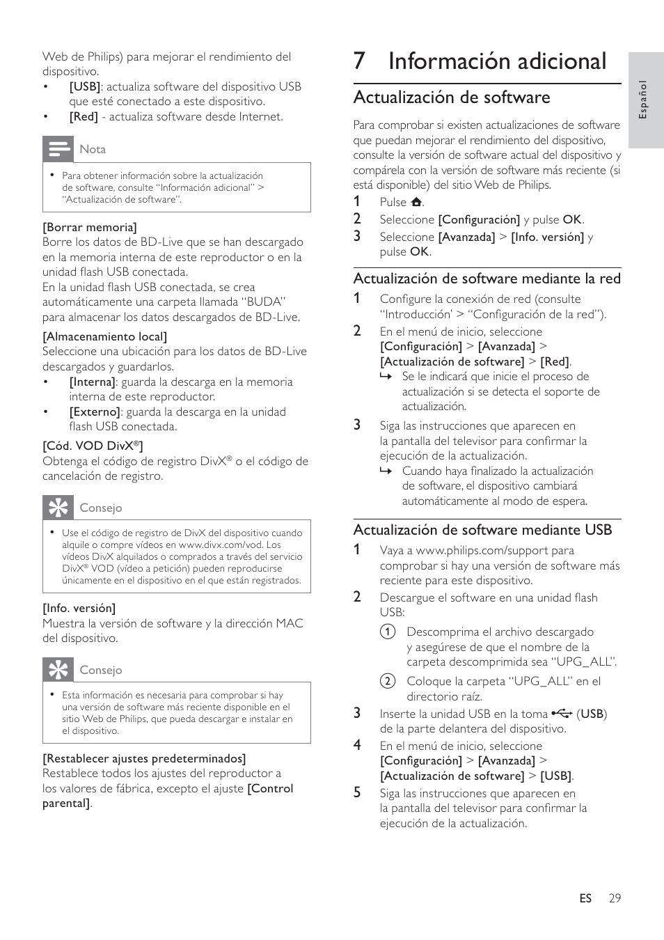 7 información adicional, Actualización de software, Actualización de software mediante la red 1 | Actualización de software mediante usb 1 | Philips 7000 series Reproductor de Blu-ray Disc User Manual | Page 29 / 57