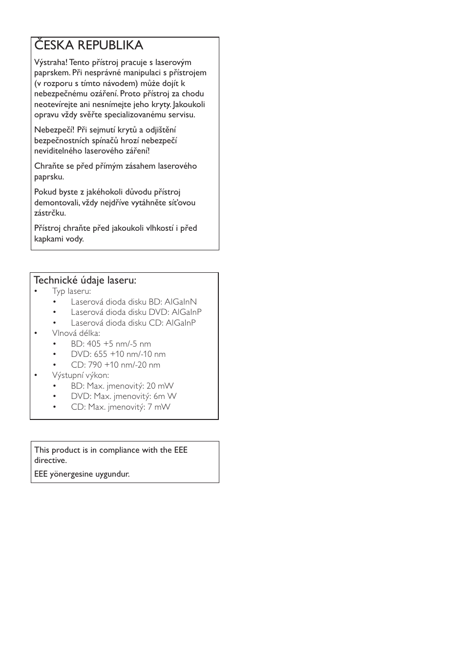 Česka republika, Technické údaje laseru | Philips 7000 series Reproductor de Blu-ray Disc User Manual | Page 3 / 57