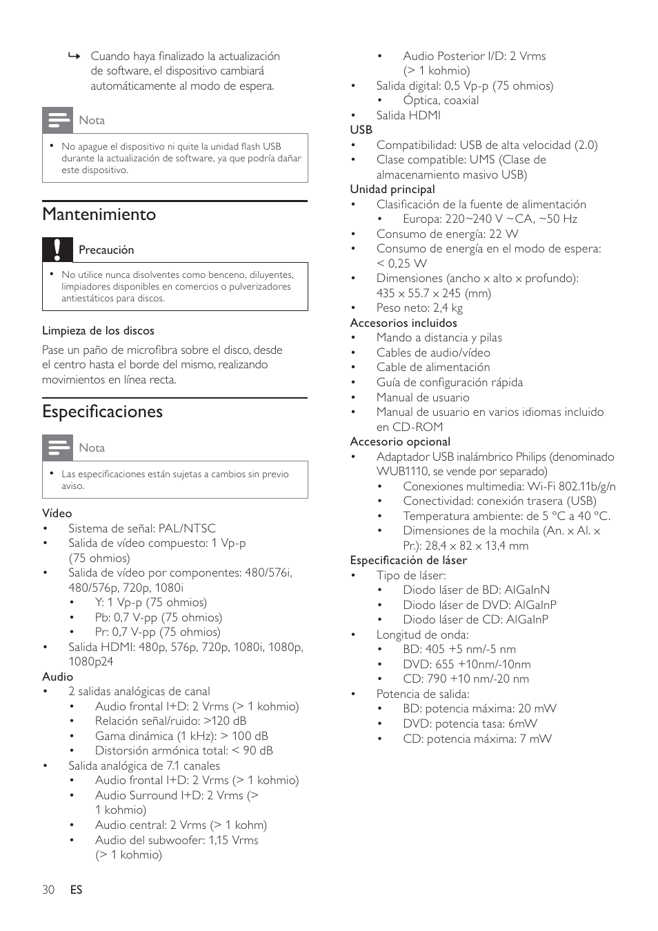 Mantenimiento, Especiﬁcaciones | Philips 7000 series Reproductor de Blu-ray Disc User Manual | Page 30 / 57