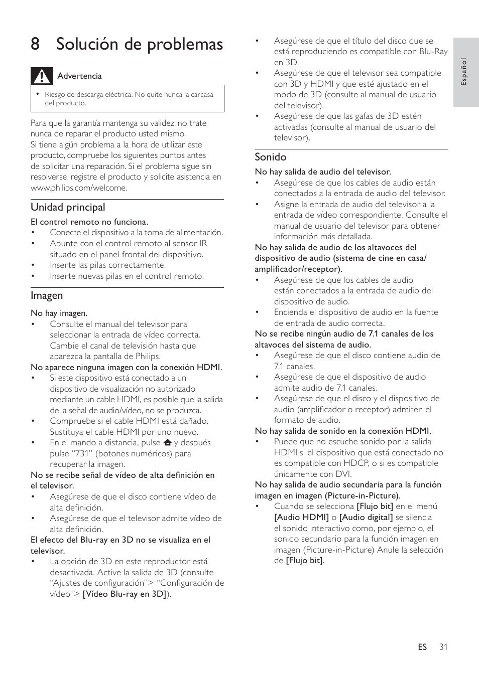 8 solución de problemas, Sonido, Unidad principal | Imagen | Philips 7000 series Reproductor de Blu-ray Disc User Manual | Page 31 / 57