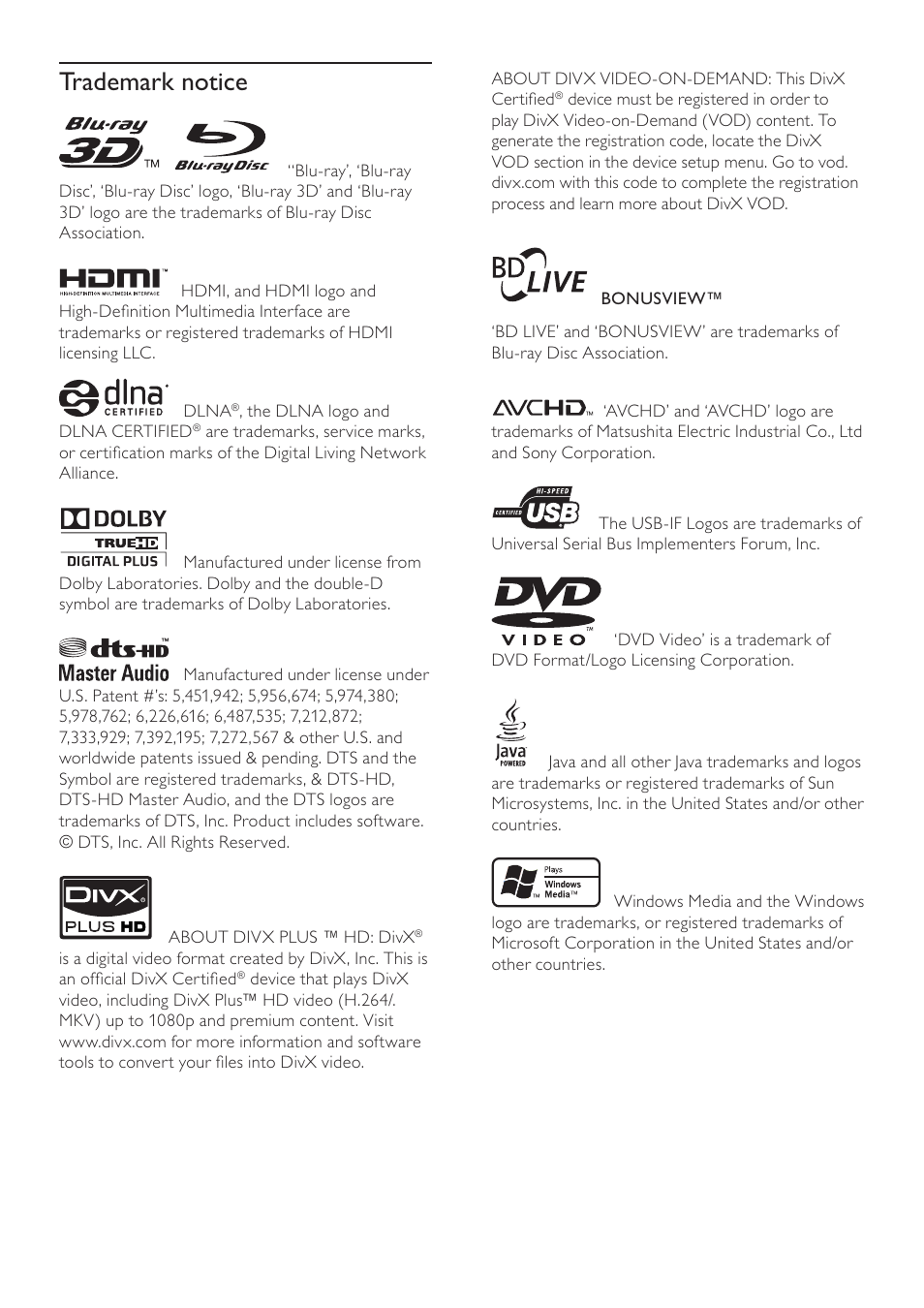 Trademark notice | Philips 7000 series Reproductor de Blu-ray Disc User Manual | Page 4 / 57