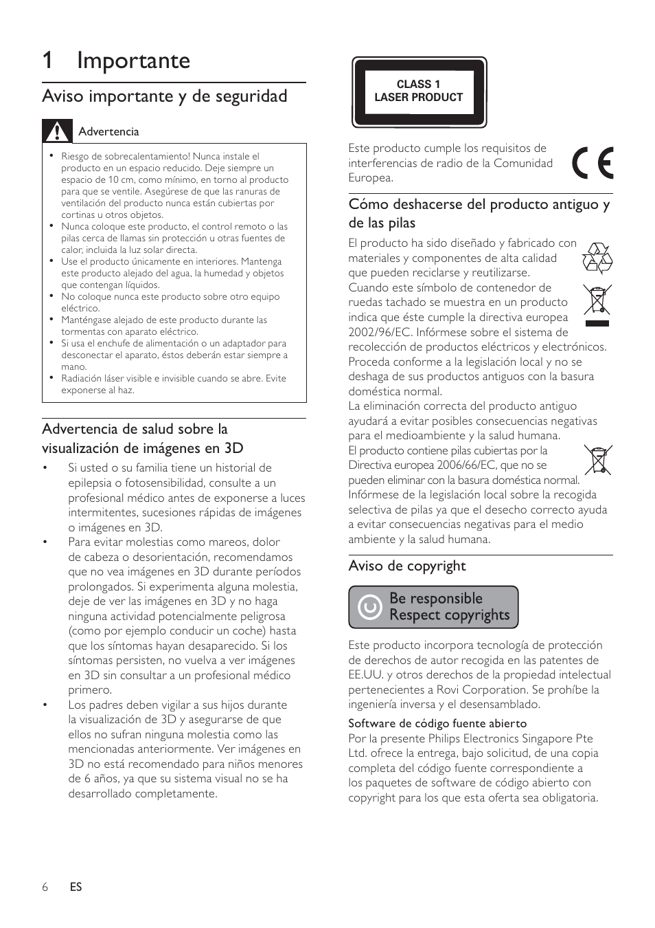 1 importante, Aviso importante y de seguridad | Philips 7000 series Reproductor de Blu-ray Disc User Manual | Page 6 / 57