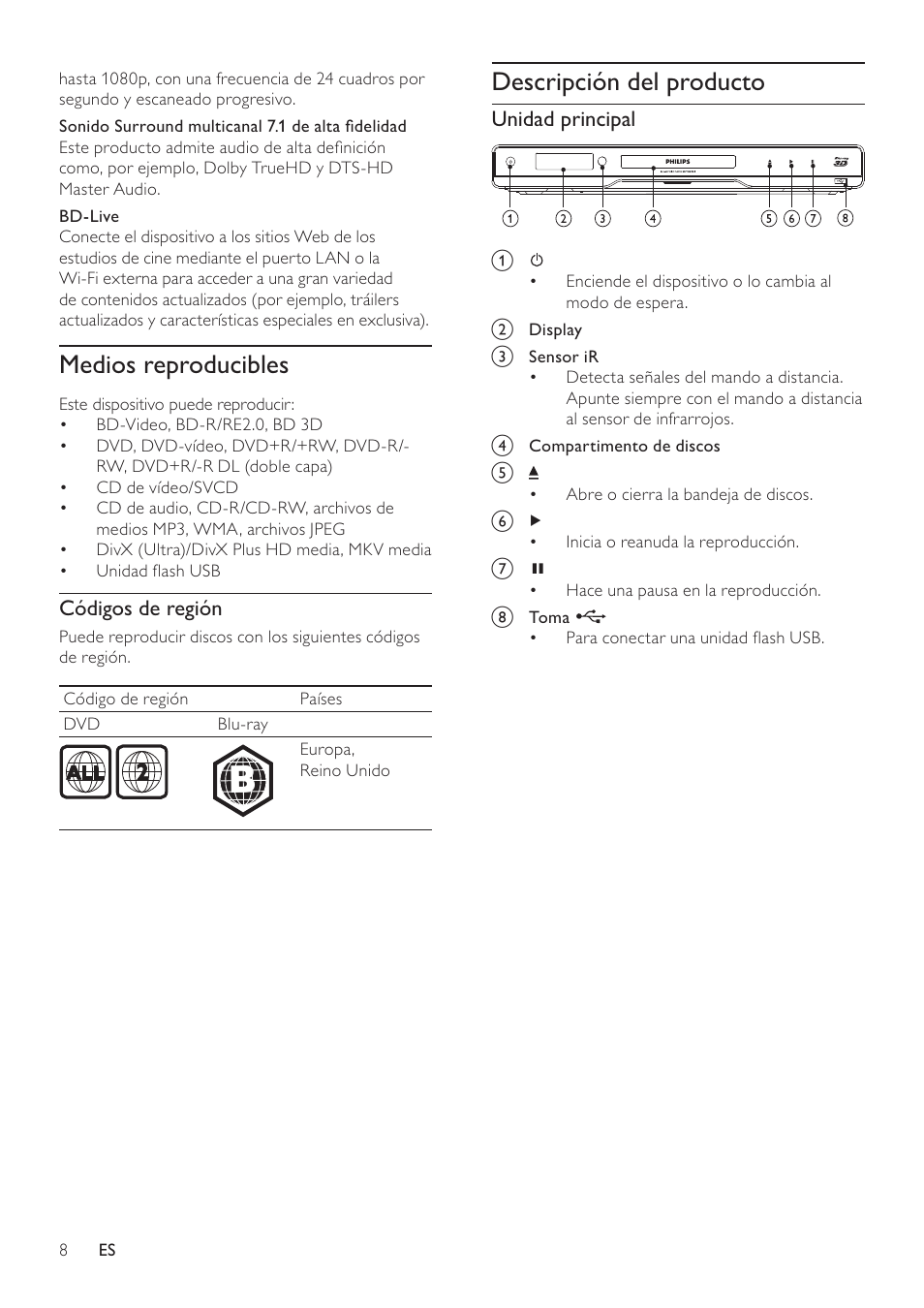 Philips 7000 series Reproductor de Blu-ray Disc User Manual | Page 8 / 57