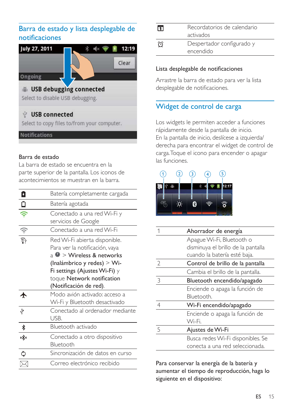 Navegación por la pantalla de inicio, Barra de estado y lista desplegable de, Qrwlàfdflrqhv | Philips GoGEAR Mini tableta con Android™ User Manual | Page 15 / 76